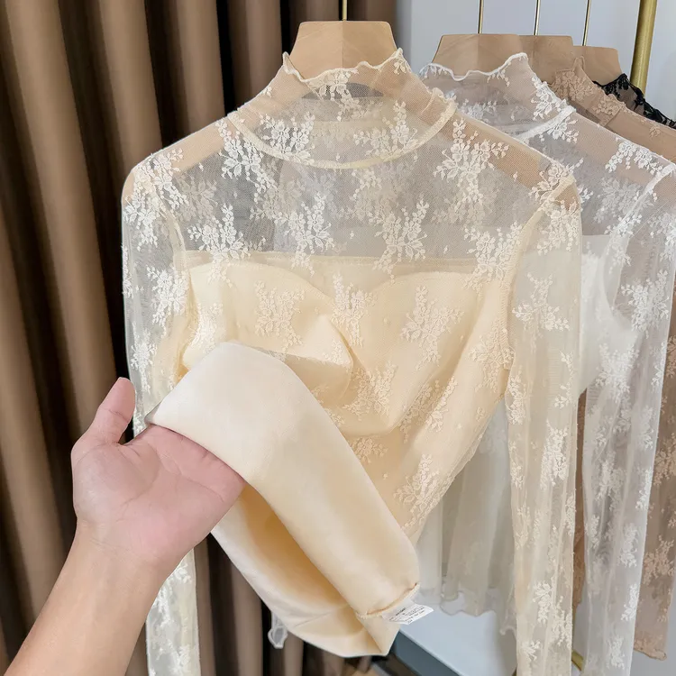 2025年新款蕾丝打底衫高领加绒上衣女秋冬毛衣叠穿内搭木耳边小衫