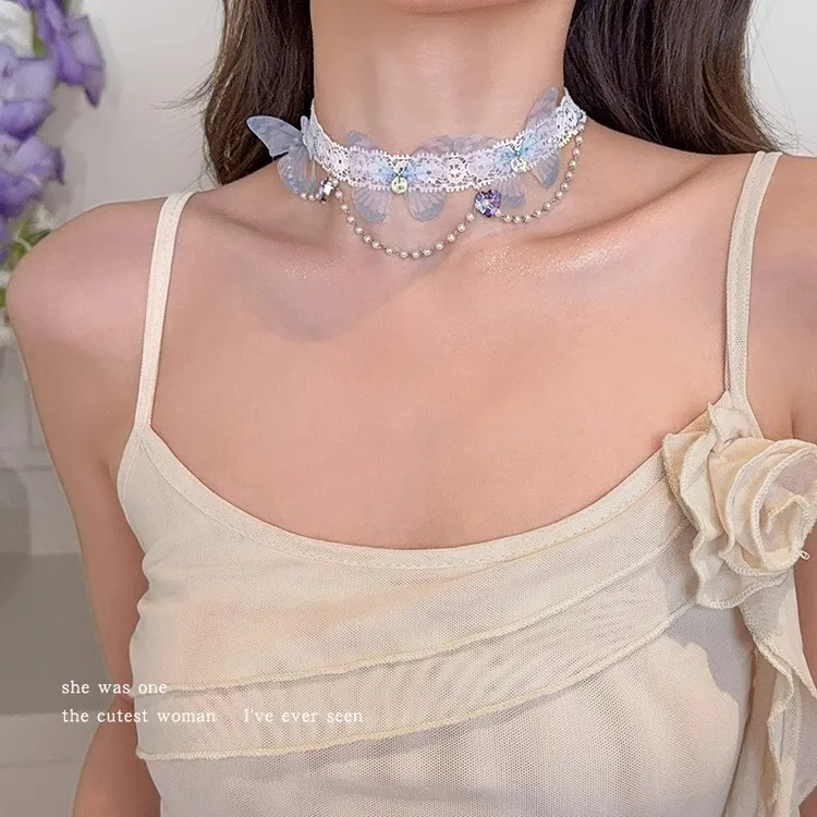 超仙粉紫色蕾丝蝴蝶项链2025新款甜美颈链锁骨链