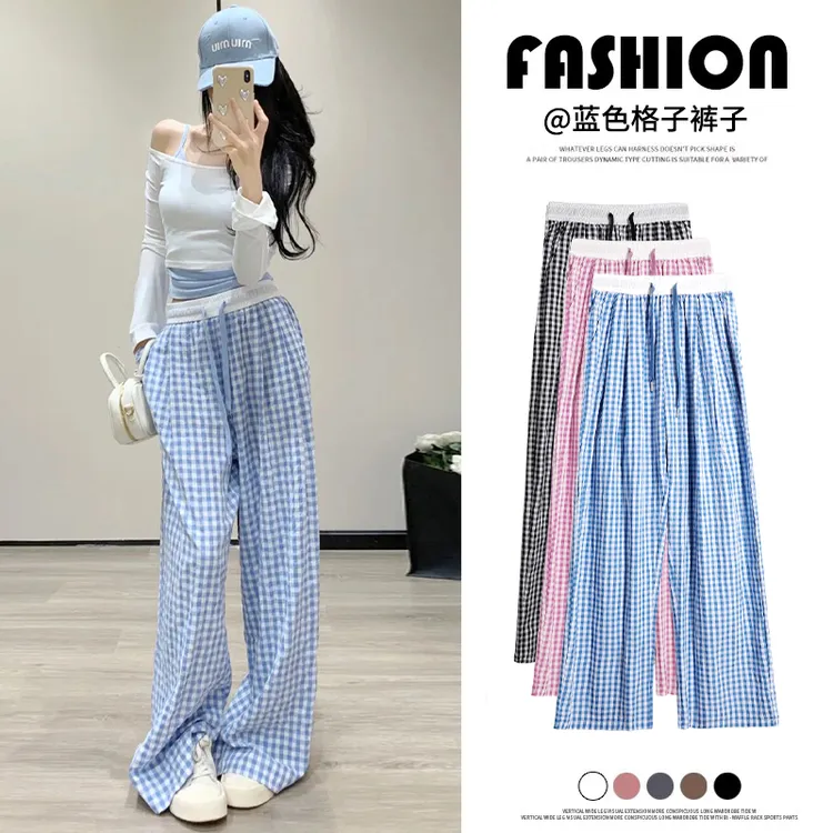 撞色格子阔腿裤女2025新夏季薄垂感休闲直筒遛弯小个子山本裤慵懒