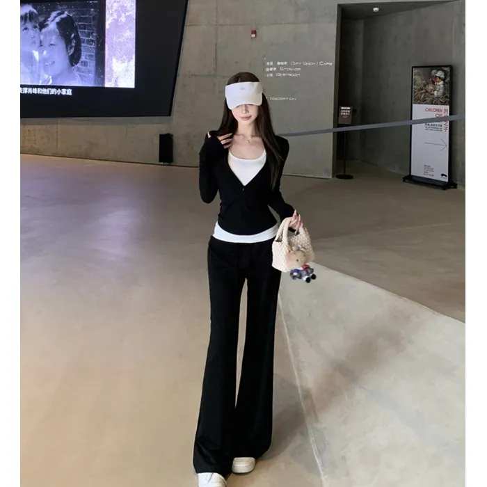 修身撞色v领长袖开衫外套女秋季新款时尚套装休闲微喇叭裤两件套