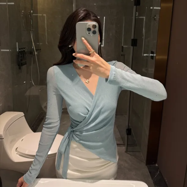 【薄荷恋】修身绑带上衣女春夏气质轻奢弹力交叉V领长袖百搭小衫