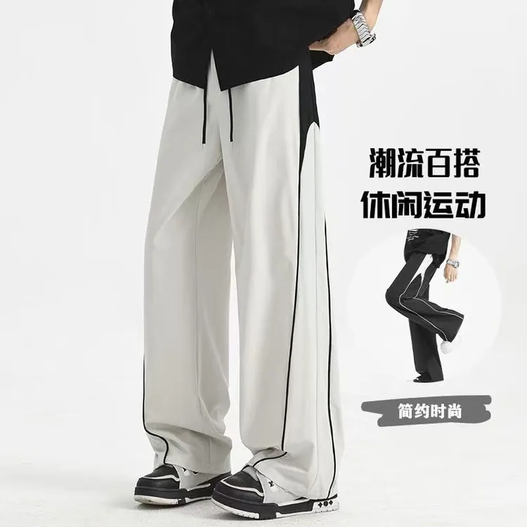 美式高街条纹休闲卫裤潮牌工装设计直筒裤运动宽松垂感百搭阔腿裤