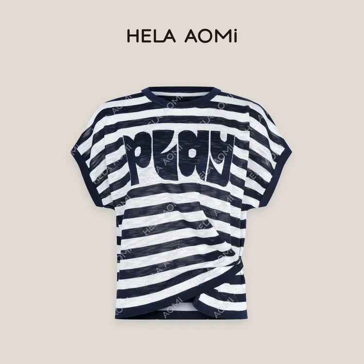HELAAOMI“竹节麻”经典条纹圆领宽松字母针织T恤上衣CY5BM32533