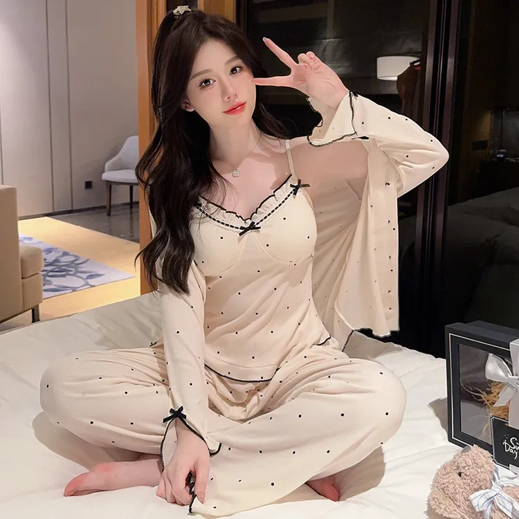 2025系大小姐莫代尔吊带睡衣女夏季甜美波点家居服三件套装带胸垫