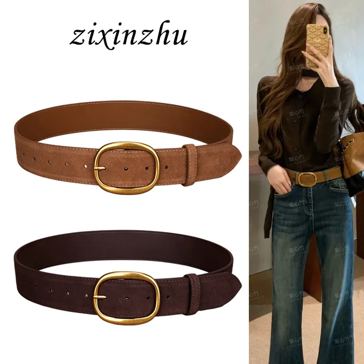麂皮绒真皮宽腰带女款配牛仔裤复古腰封束腰装饰毛衣裙子棕色皮带