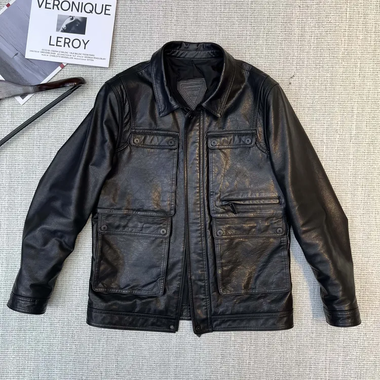 真皮纯皮头层牛皮油蜡工艺多口袋时尚百搭短款男士皮衣夹克