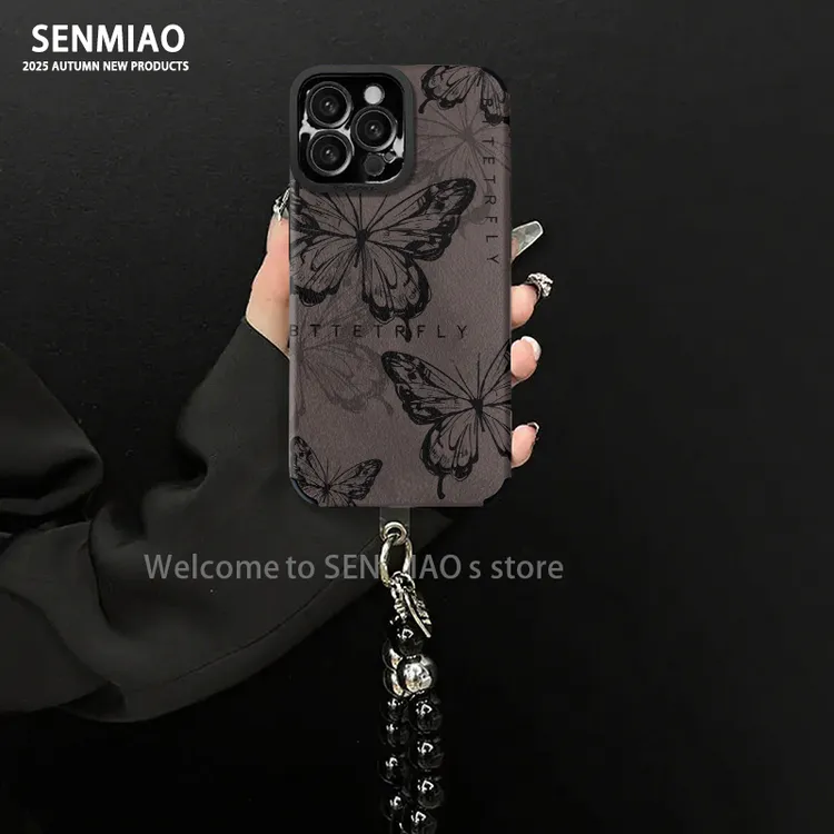 适用【苹果/oppo/华为/vivo/小米】黑蝴蝶小羊皮防摔手机壳女款