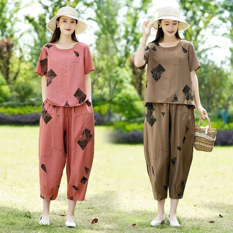 飞飞袖妈妈夏装洋气棉麻时尚套装女复古风中老年大码宽松遮肚上衣