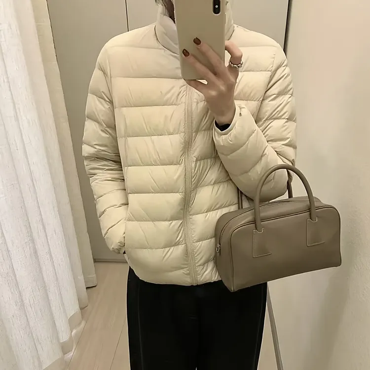 女士轻柔修身羽绒服【90绒子含量】白鸭绒纯色立领短款内外两穿外套