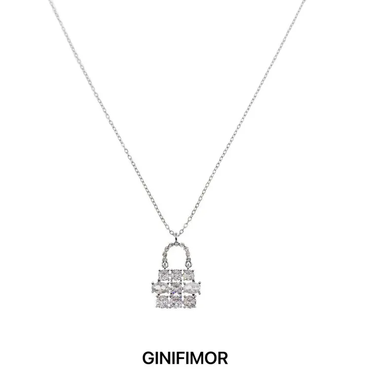 GINIFIMOR 铜合金项链 a628 超闪微镶满锆银色包包吊坠项链女