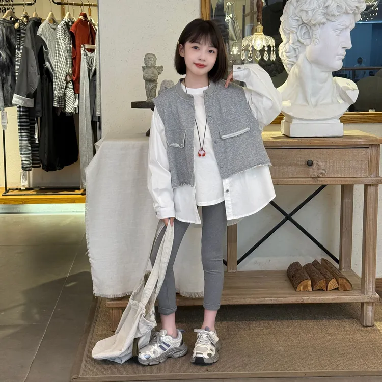 女童2025春秋新款高级感甜酷时尚宽松百搭假两件马甲衬衣三件套潮