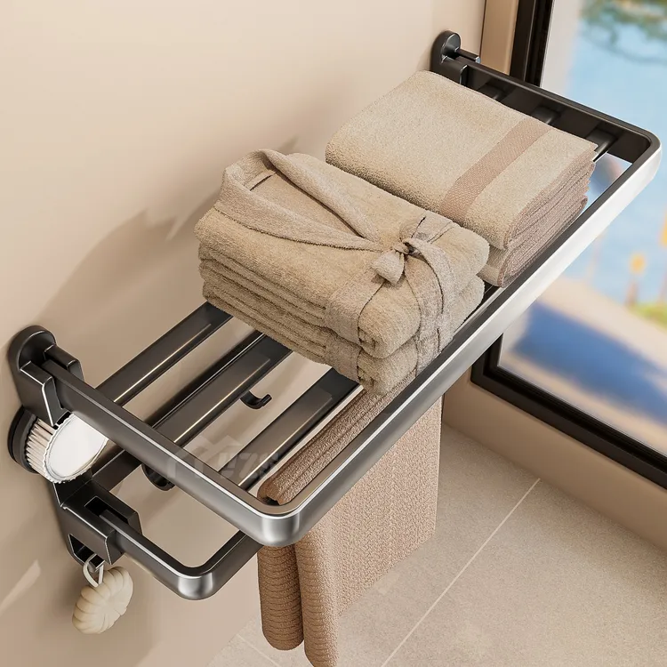 新款吸盘毛巾架卫生间免打孔挂杆浴室置物架一体淋浴房收纳浴巾架