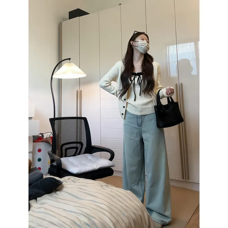 秋季吊带背心针织衫上衣两件套针织毛衣开衫外套浅蓝色阔腿牛仔裤