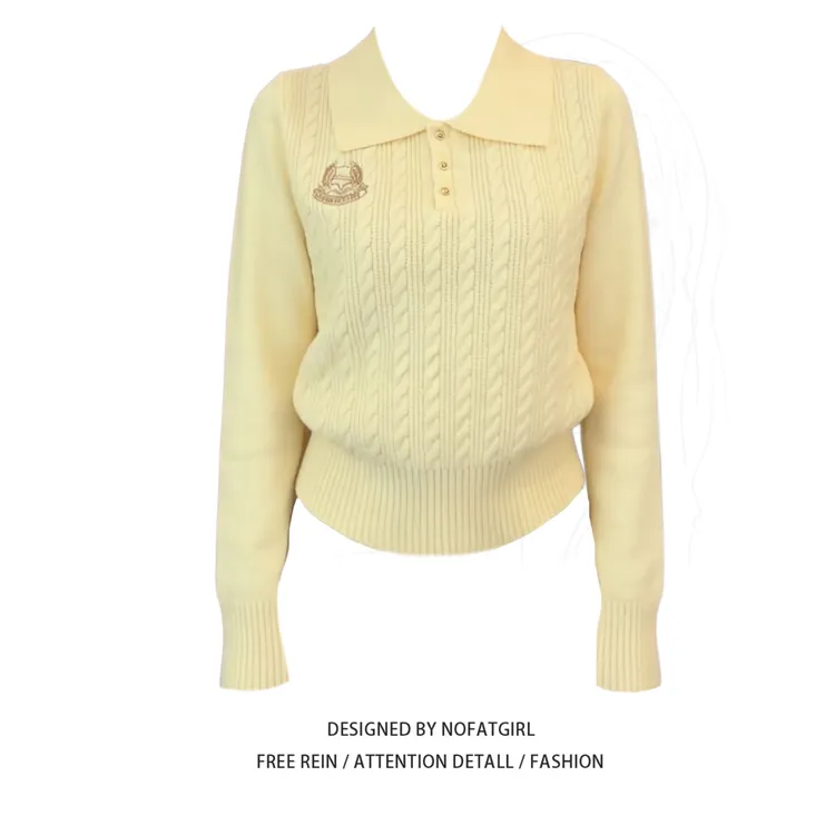 大码胖MM学院风翻领麻花针织衫女冬季长袖黄色减龄高级感毛衣上衣