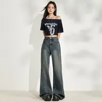 废土色阔腿微喇牛仔裤女2025年秋冬新款宽松显瘦拼接设计喇叭裤子