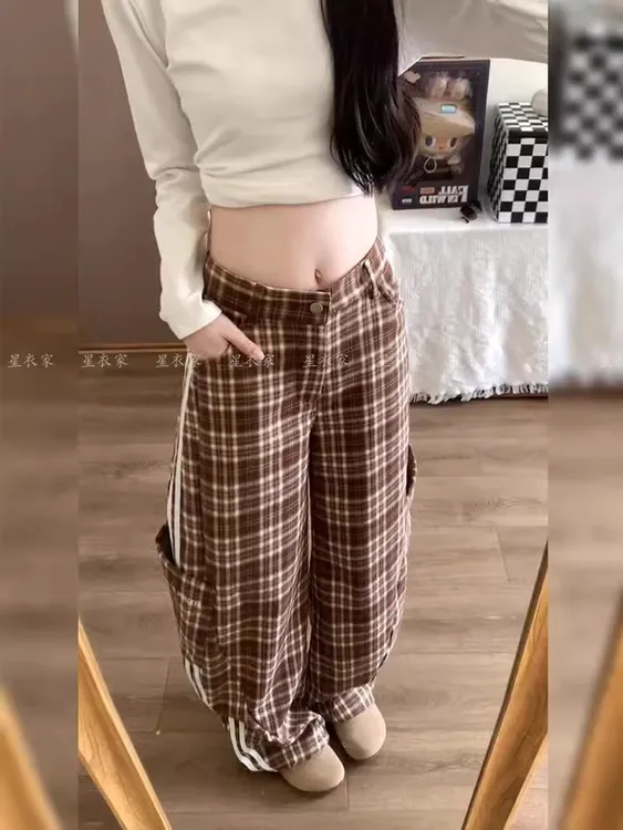 美式辣妹设计感条纹格子工装裤子女秋冬新款宽松慵懒松弛感拖地裤