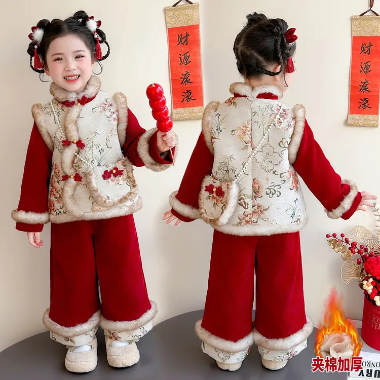 儿童拜年服女童汉服冬装套装女宝周岁礼服红色喜庆加绒女童新年装