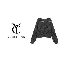 YUUCHENN时尚套头V领毛针织衫拼色女菱形毛衣JYY-25137