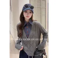 C09243韩系文艺减龄宽松针织衫POLO领拼接格子镂空毛衣