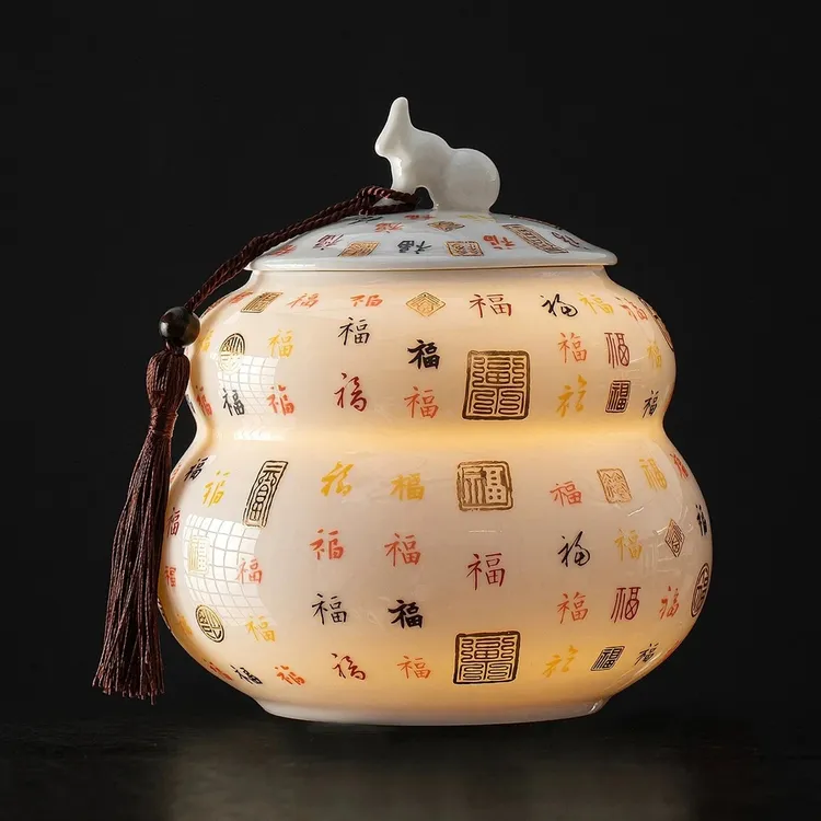 高端羊脂玉葫芦百福高密度陶瓷茶叶罐密封罐储物罐