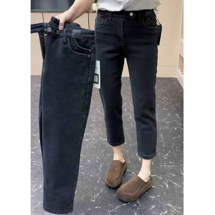 黑灰色九分直筒牛仔裤女2025秋冬加绒高腰显瘦小个子胖mm烟管裤子
