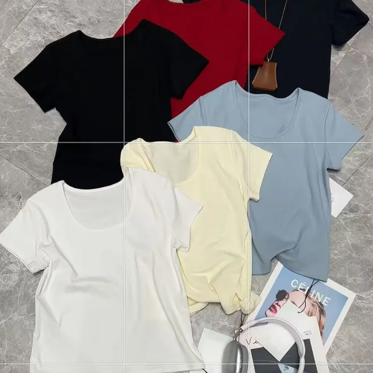2026年早春款纯色百搭正肩方框领修身显瘦短袖T恤女款