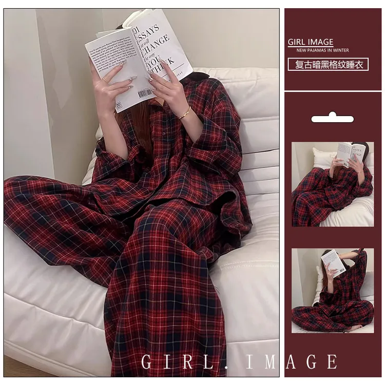 复古暗红格纹日系高级感长袖睡衣女春秋款休闲开衫长裤家居服套装