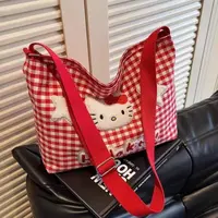 可爱HelloKitty格子单肩包女卡通大容量斜挎帆布包学生上课通勤包
