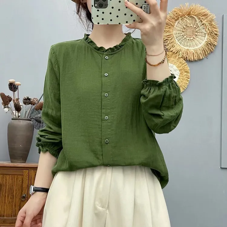 木耳花边领长袖衬衫女纯棉2025秋季文艺休闲百搭宽松棉纱衬衫女
