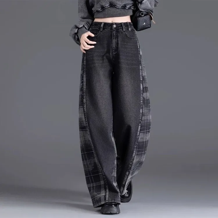 格子拼接牛仔裤女2026新款黑色加绒薄绒裤子版型超好看直筒阔腿裤