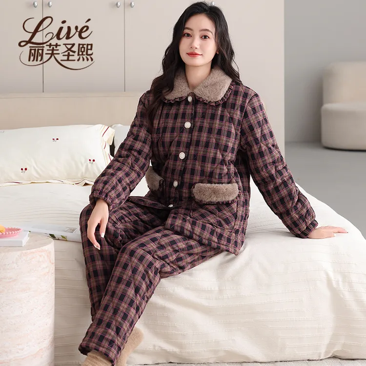 梭织夹棉睡衣女士冬季色织三层加绒加厚外穿加大码纯棉格子家居服