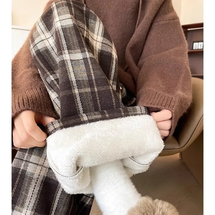 羊羔绒阔腿裤女150秋冬小个子休闲直筒显瘦百搭145加绒毛呢格子裤