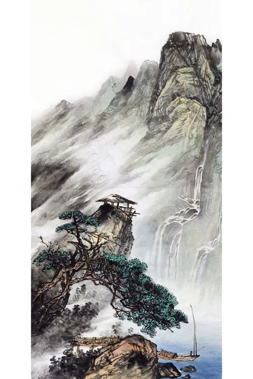 故川山水作品137×68厘米