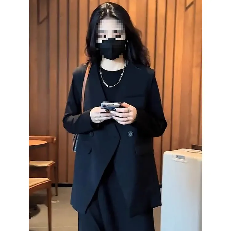 时尚洋气大码胖休闲套装韩版宽松直筒中长款连衣裙西装马甲两件套