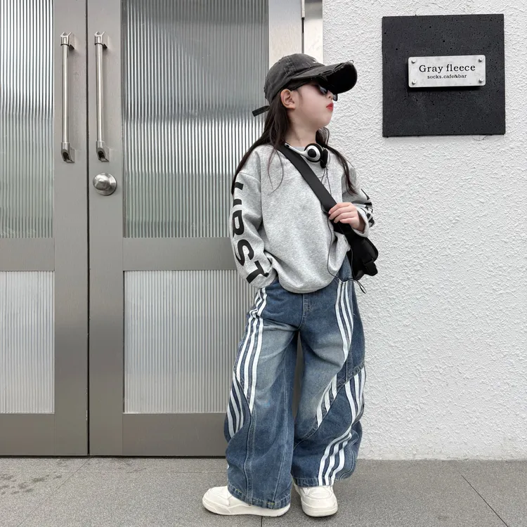 男女童秋季潮酷时髦拉条牛仔阔腿裤中大童百搭洋气长袖卫衣潮