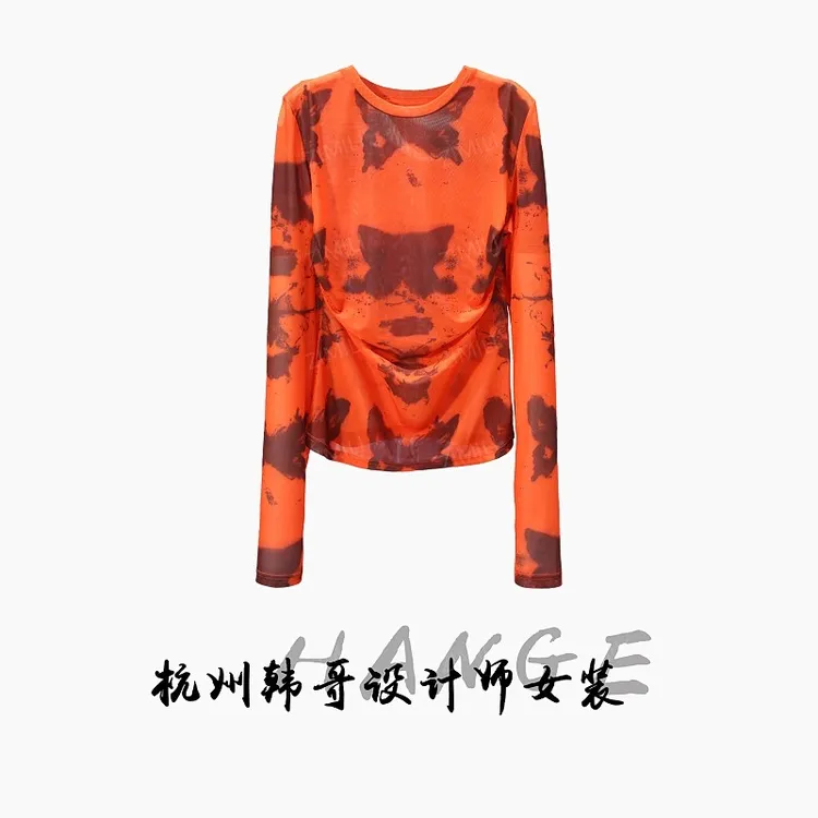 【韩哥女装】《魏姝弄鸣丝》橘红色蝴蝶水印修身长袖网纱6129