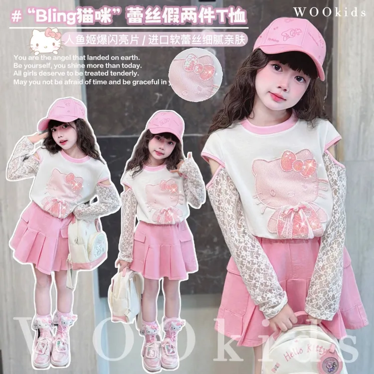 女童t恤夏装2025新款洋气儿童装卡通短袖夏季休闲假两件上衣套装