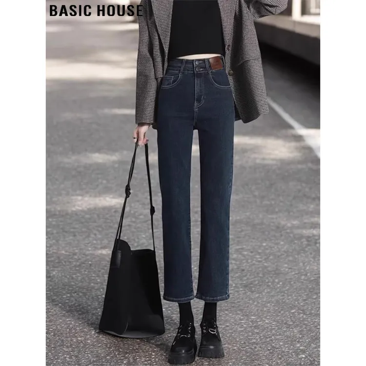 Basic House/百家好复古高腰九分牛仔裤女秋季小个子直筒烟管裤子