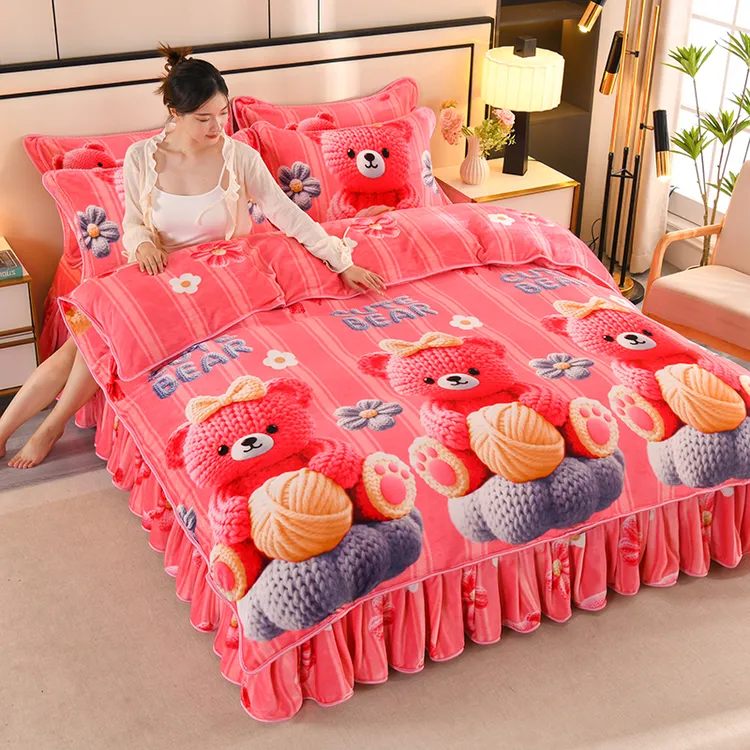 加绒牛奶绒四件套2025新款冬季加厚双面珊瑚绒被套床单卡通可爱风