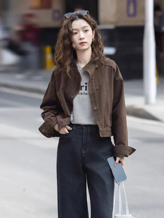 复古咖色牛仔短外套女2025春秋新款小个子宽松立领工装夹克上衣潮