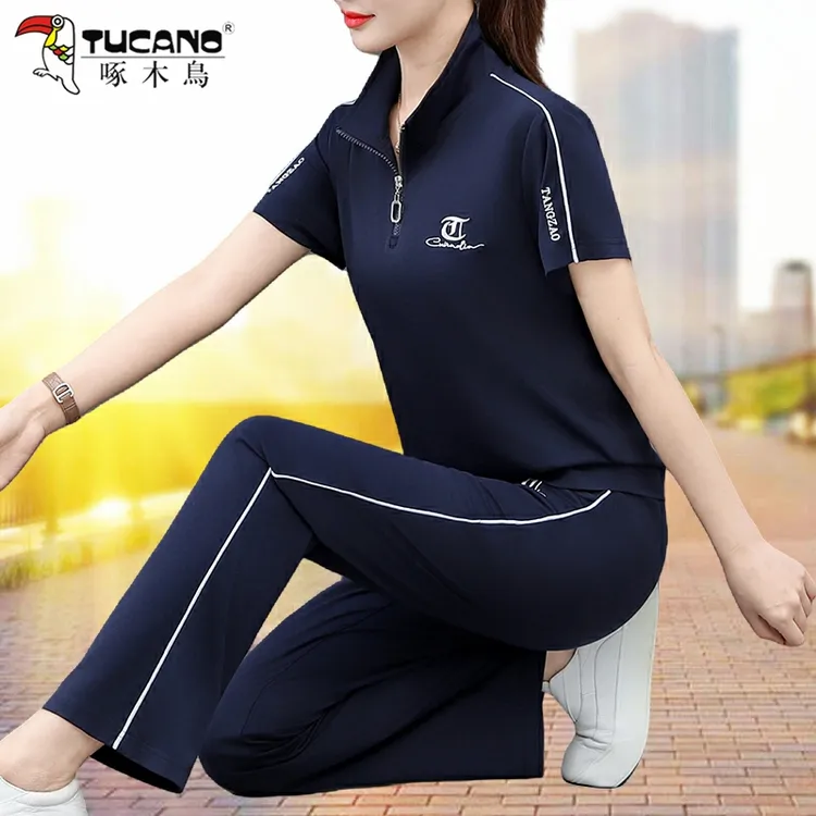 啄木鸟冰丝运动套装女2025夏季薄款宽松短袖洋气减龄妈妈装两件套
