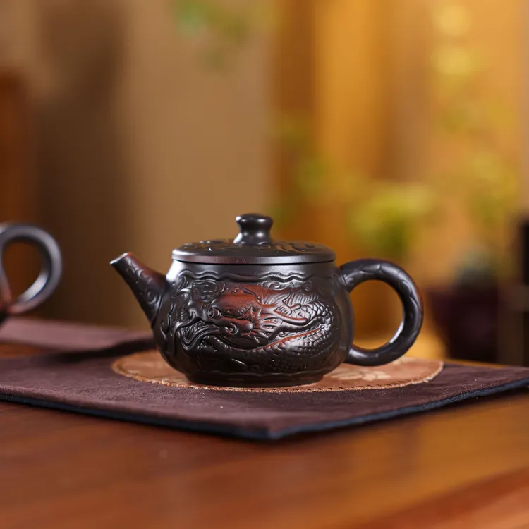 紫陶茶壶单壶浮雕紫泥纯手工泡茶紫砂壶汉瓦壶高档功夫茶具凤鸣壶