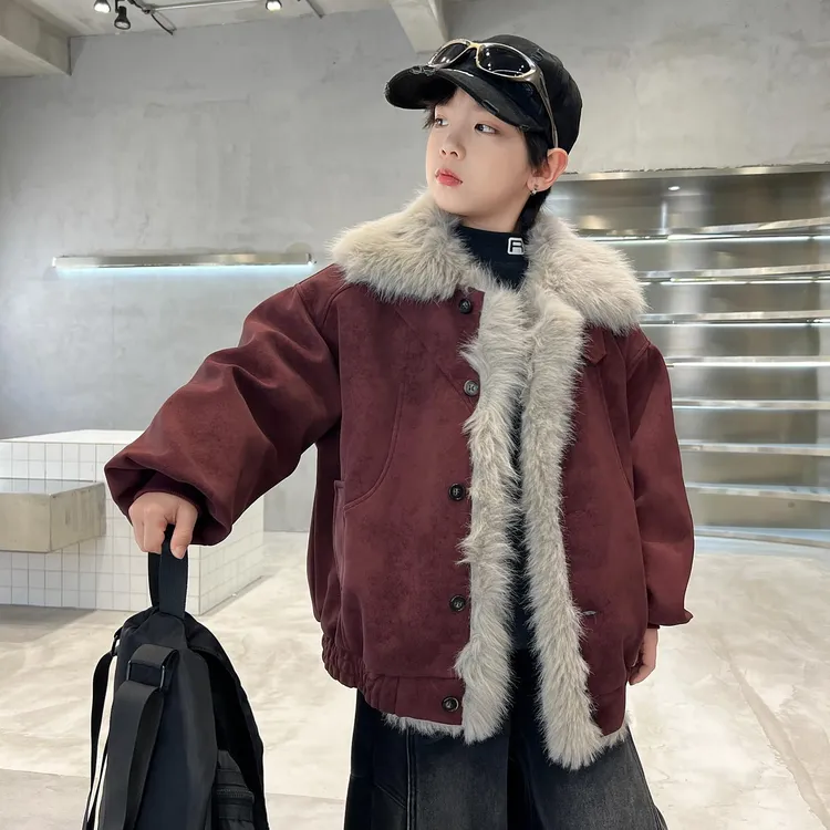 奥莱【专柜正品】男童红色夹外套秋冬2025新款儿童仿皮草夹克男孩