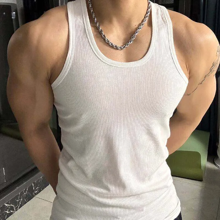 白色粗螺纹无袖T恤男夏季工字型男健身运动坎肩潮牌老头汗衫背心