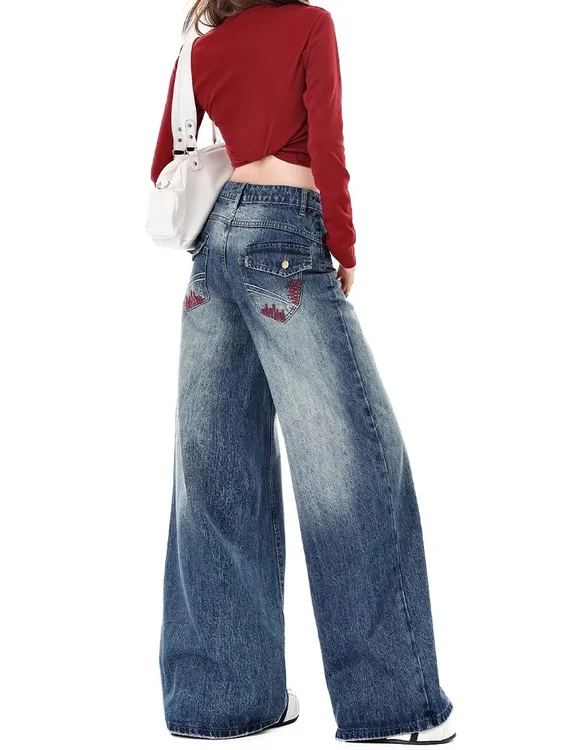 美式高街刺绣烫钻阔腿牛仔裤女春夏2026新款高腰宽松直筒拖地裤子