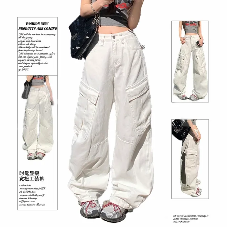 美式双色复古高街工装阔腿牛仔裤女2026秋季新款高腰多口袋直筒裤