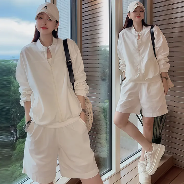 韩系简约休闲套装女2025年夏季新款纯色长袖外套防晒衫短裤两件套