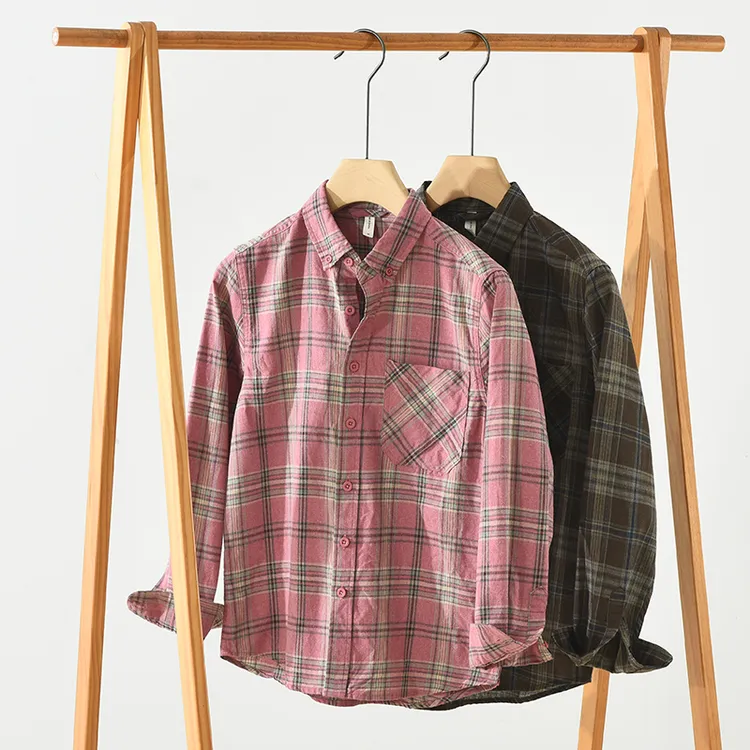 春秋日系潮流格子长袖衬衫男士时尚百搭文艺休闲宽松复古男装衬衣