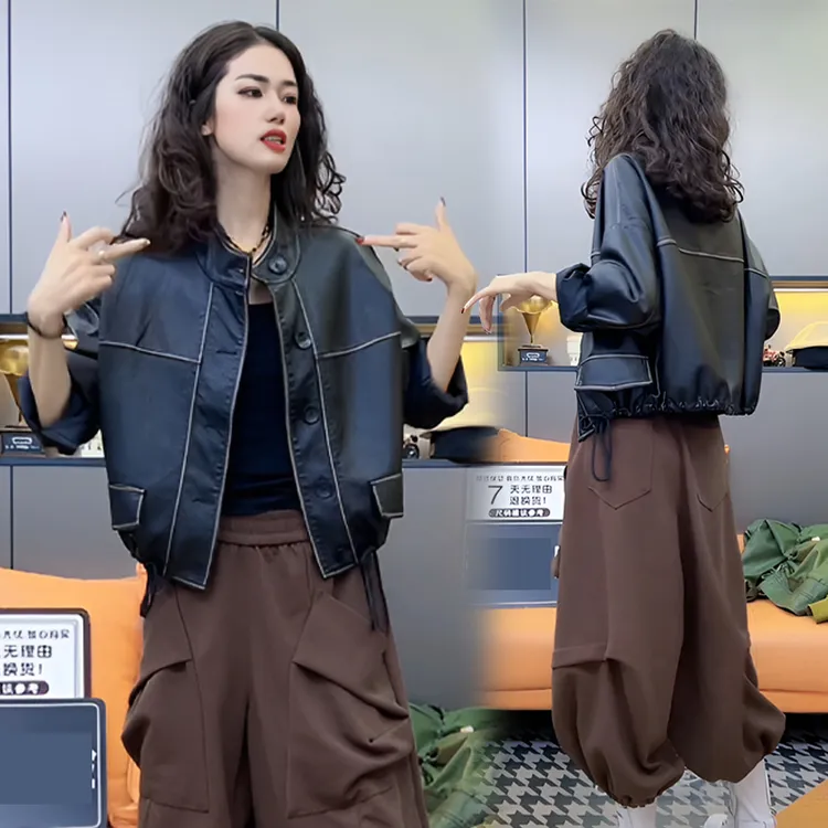 时尚立领皮衣外套春秋2025新款爆款港风复古小个子机车夹克上衣