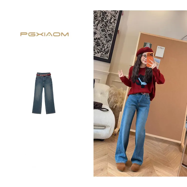 【PGXIAOM】润秀定制蓝色加绒弹力牛仔直筒裤KZ10552